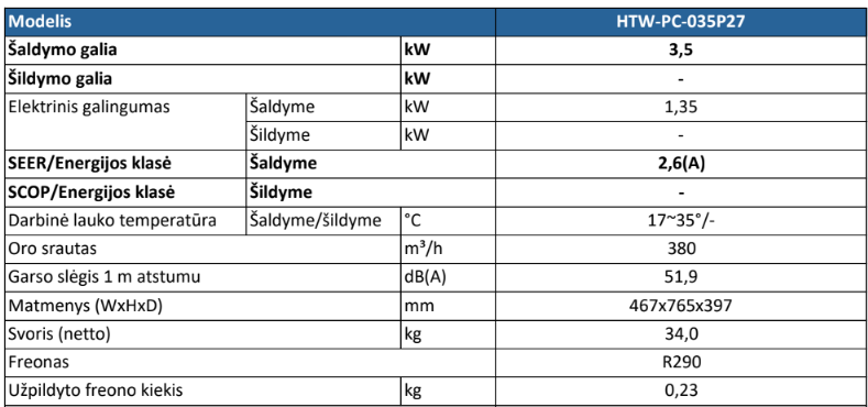 Mobilus oro kondicionierius HTW-PC-035P27 Vėsinimui